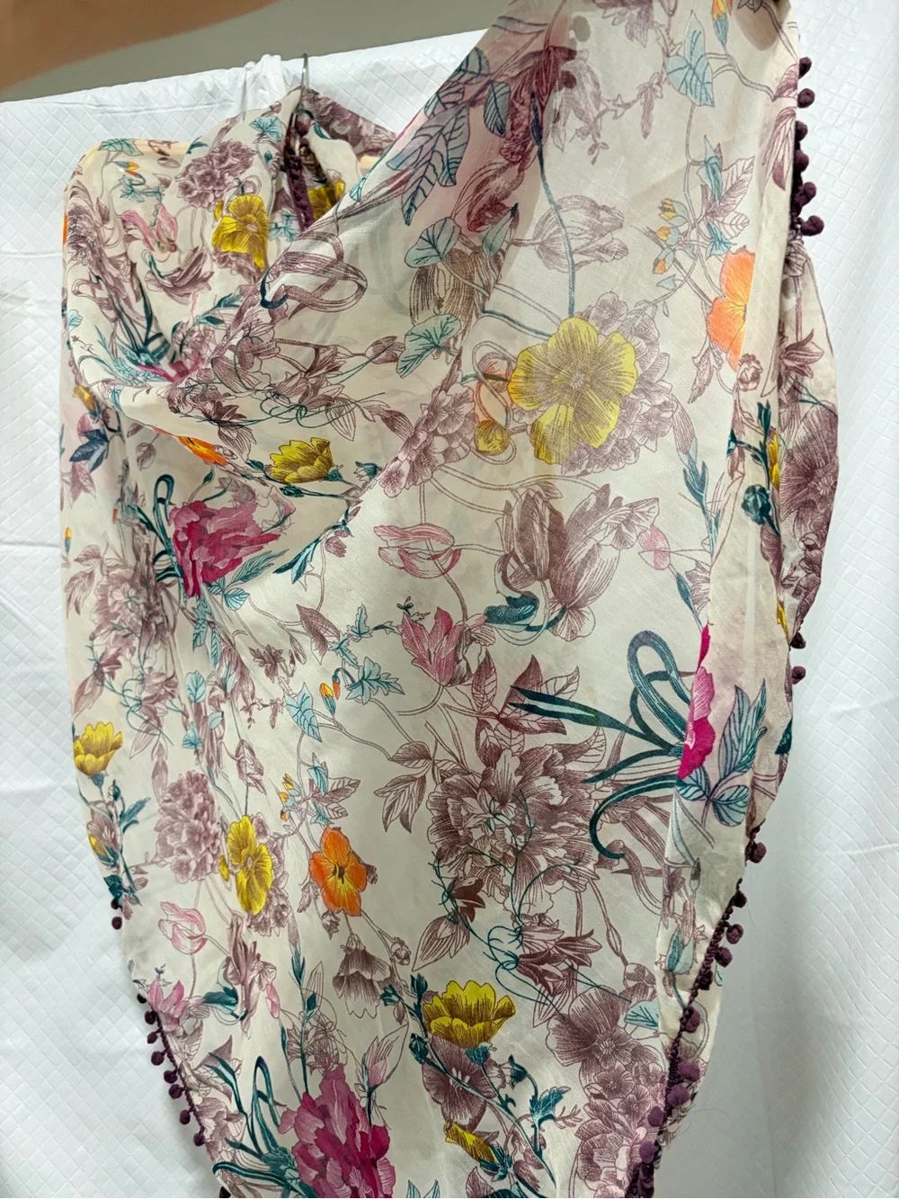 Floral Pom-Trim Lightweight Women’s Scarf - Pink Multi